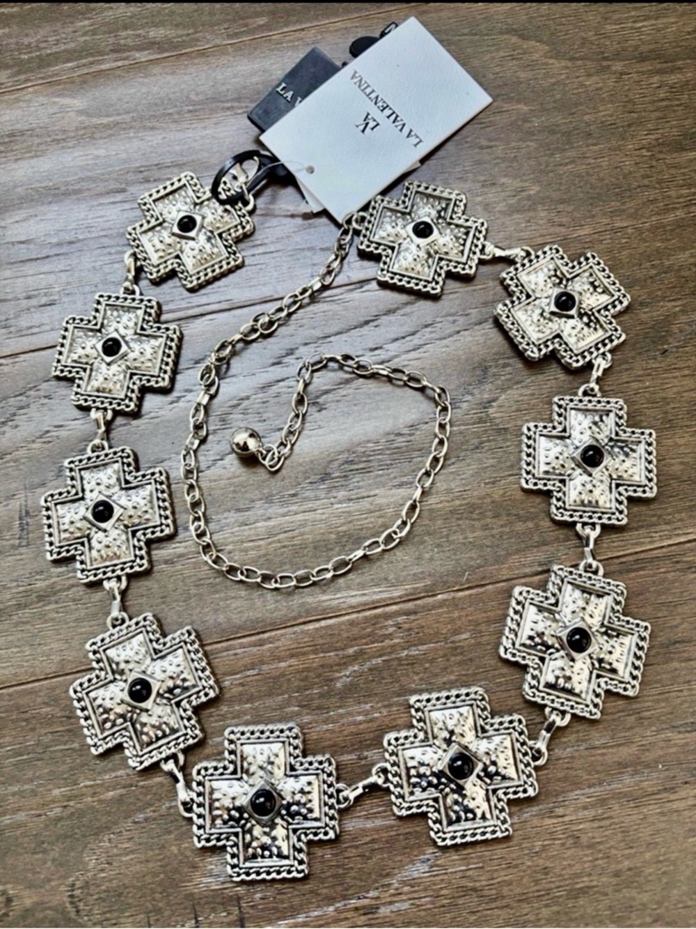 LA Valentina Western Chain Belt,cross w/black stone, silvertine versatile,sturdy